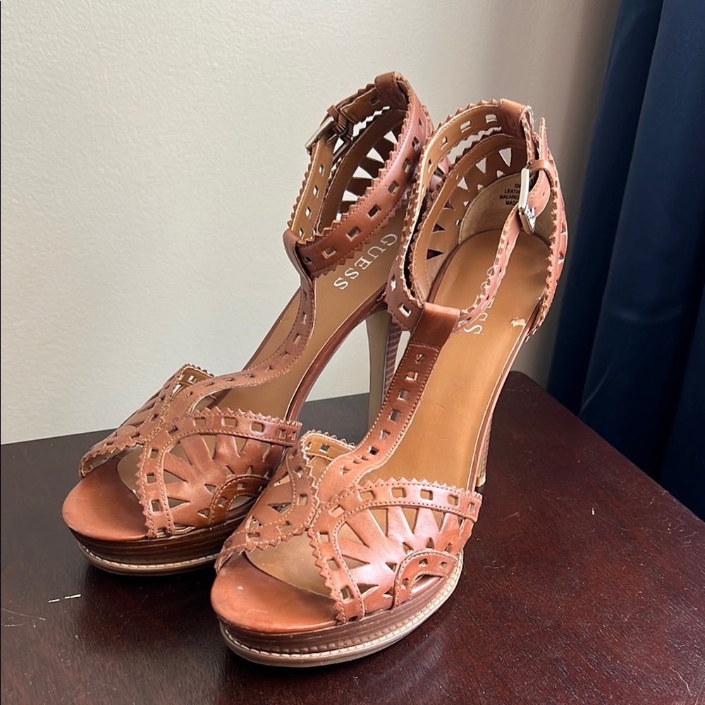 Guess Tan Heels with Woven Design and Ankle Strap